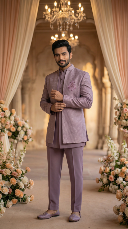 Man in a light mauve suit standing in a decorated indoor setting with floral arrangements and a chandelier.
