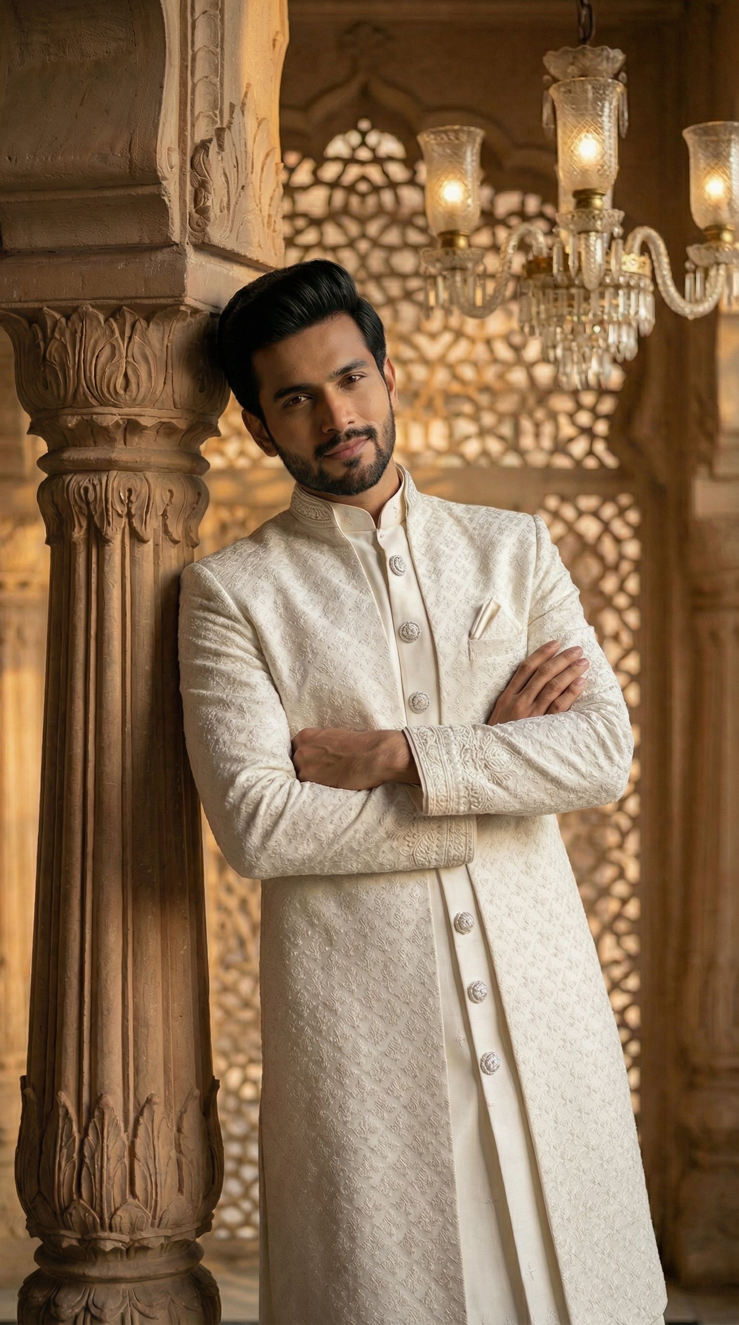 Man in a traditional cream sherwani standing in an ornate interior setting with chandeliers.