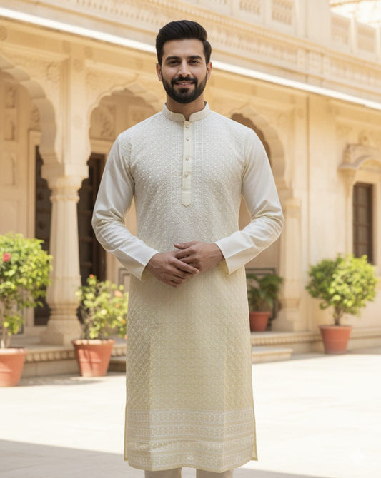 Ombré Yellow Silk Embroidery Kurta Set | Waak