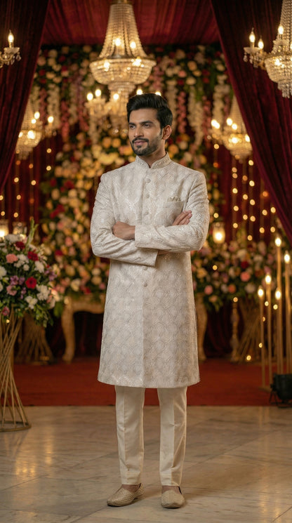 Man in a traditional outfit standing in front of a decorated backdrop with flowers and lights.