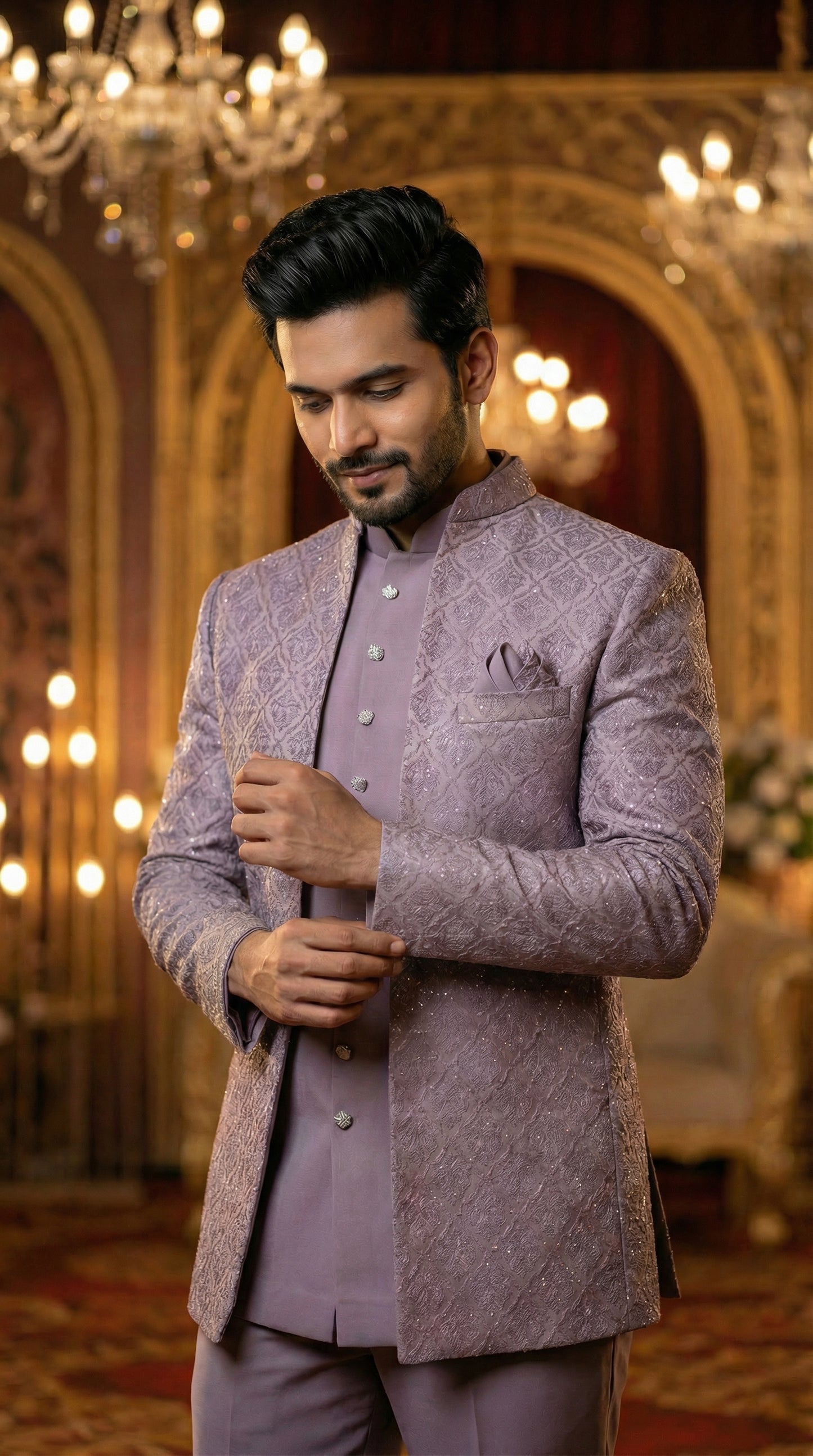 Mauve Open Jodhpuri Set with Textured Jacket