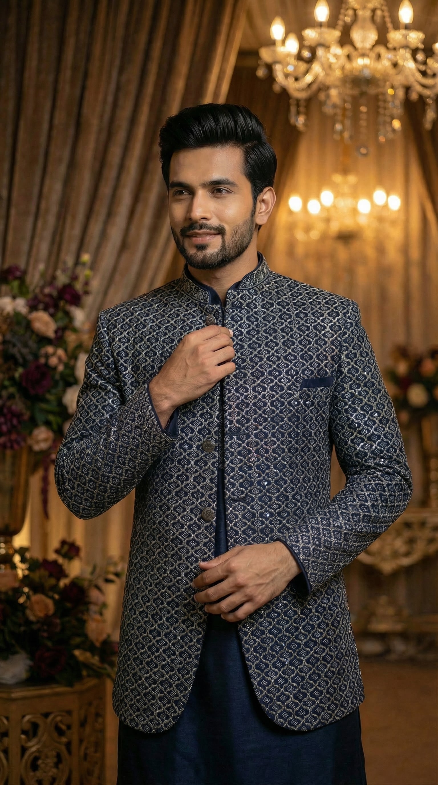 Man wearing a patterned blazer in an elegant indoor setting with chandeliers and floral arrangements.
