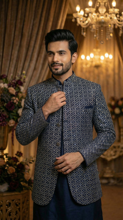 Man wearing a patterned blazer in an elegant indoor setting with chandeliers and floral arrangements.