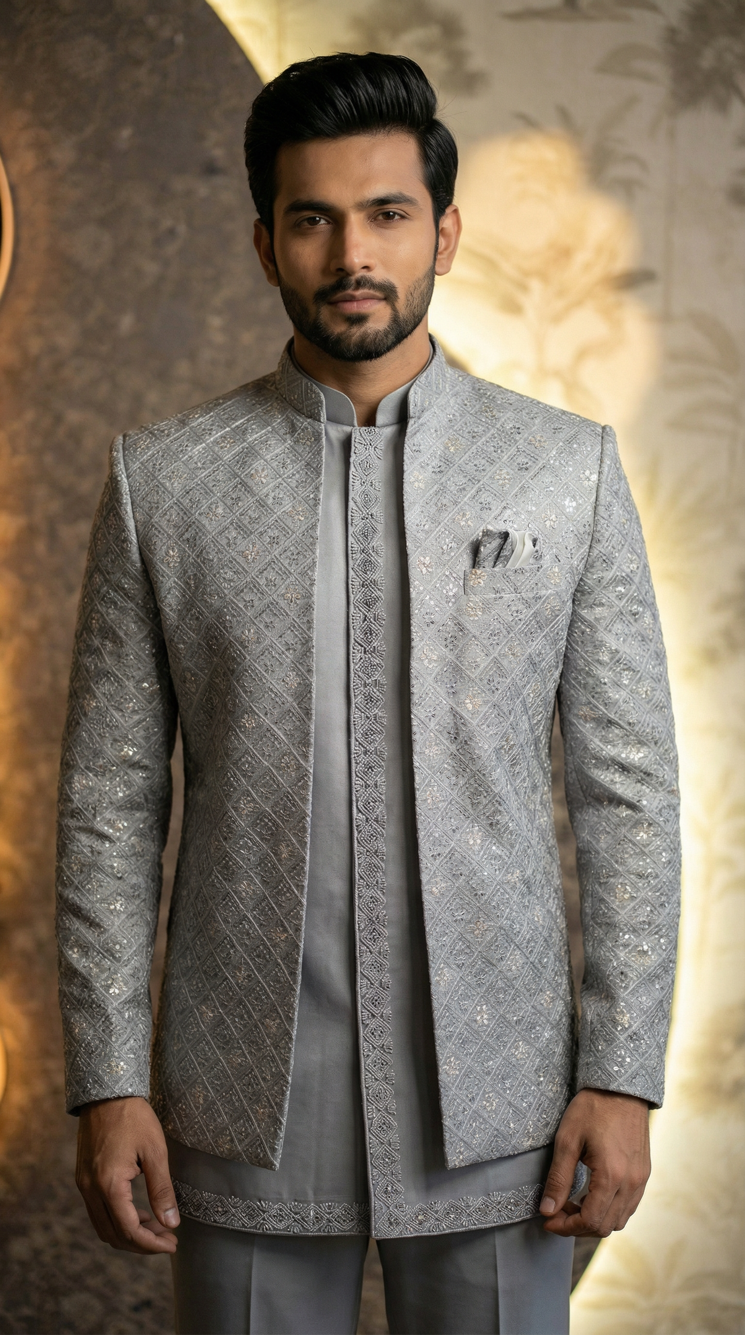 Man wearing a traditional embroidered gray jacket against a textured background