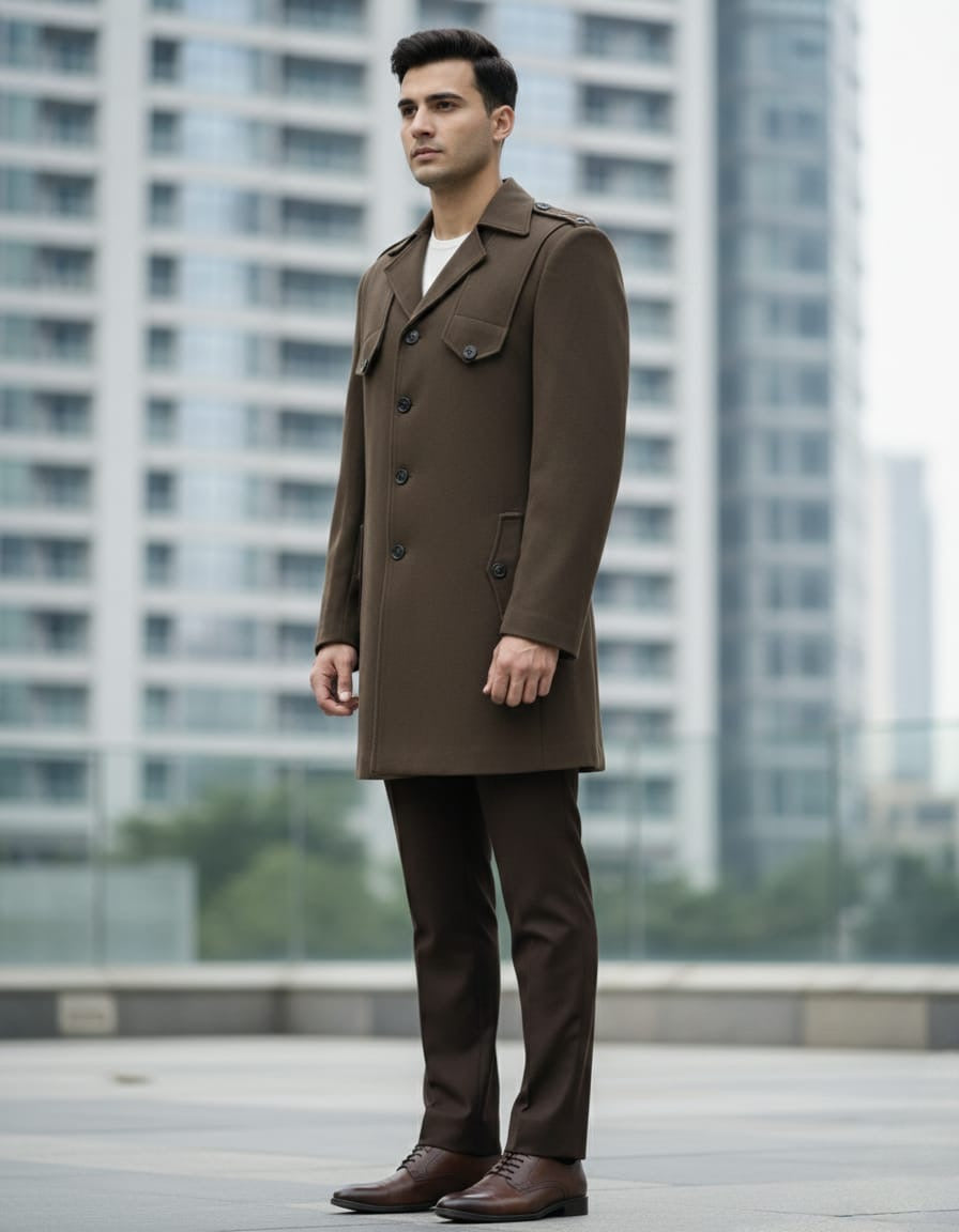 Man wearing a brown coat and pants standing in an urban setting with tall buildings.