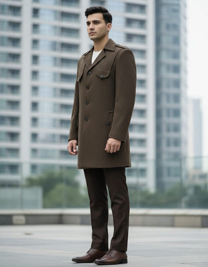 Man wearing a brown coat and pants standing in an urban setting with tall buildings.