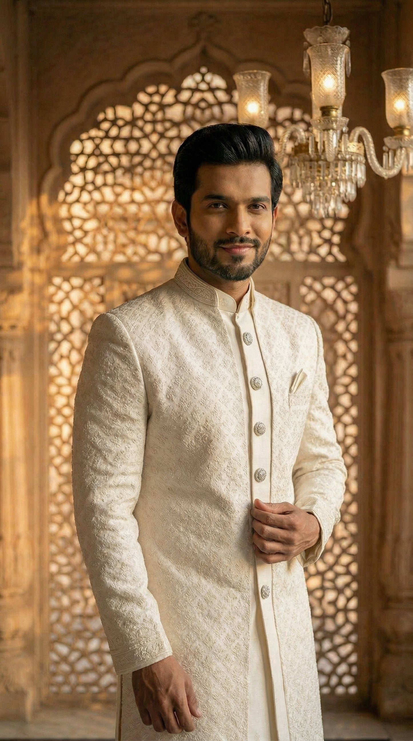 Man wearing a cream sherwani in an ornate room with chandeliers.