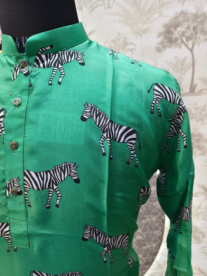 Green Zebra Print Kurta Set in Silk | Waak