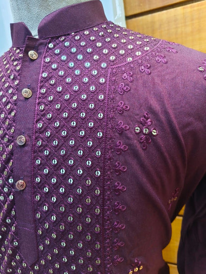 Wine Cotton Silk Embroidery Kurta Set | Waak