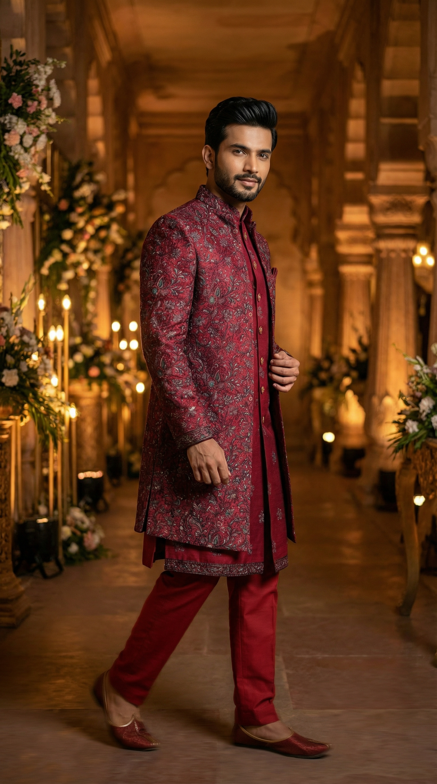 Wine Embroidered Indo Jacket Set