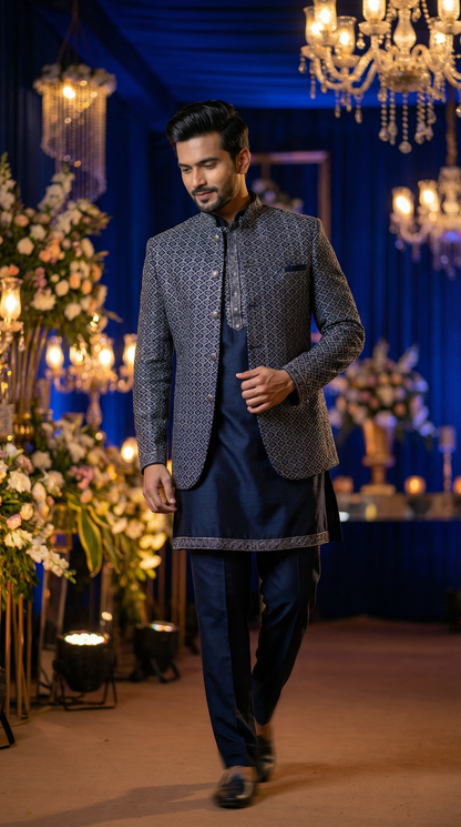 Man in formal attire walking through a decorated indoor setting with floral arrangements and chandeliers.