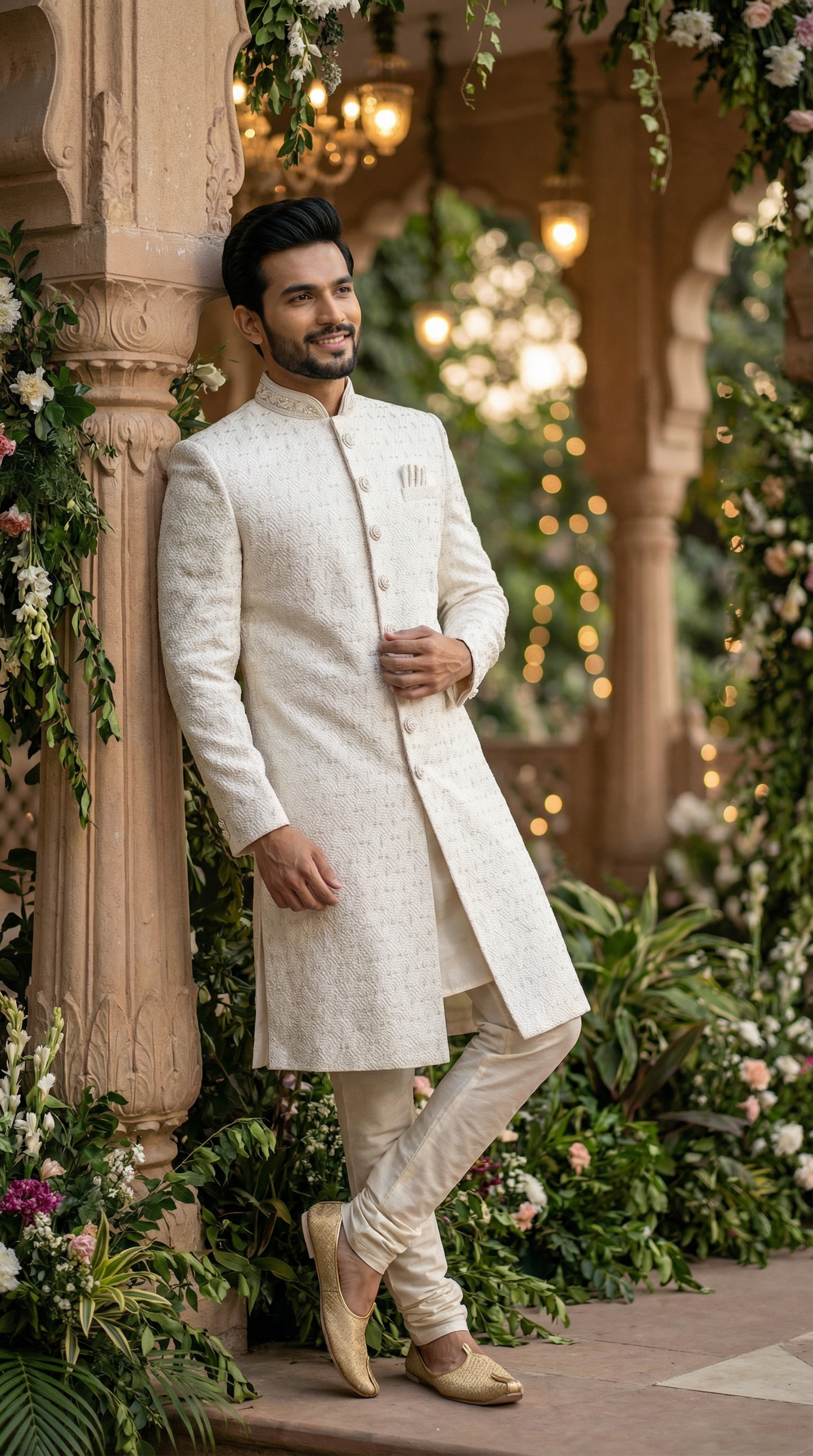 Man in a white traditional outfit standing in a decorated indoor setting with floral arrangements and lights.