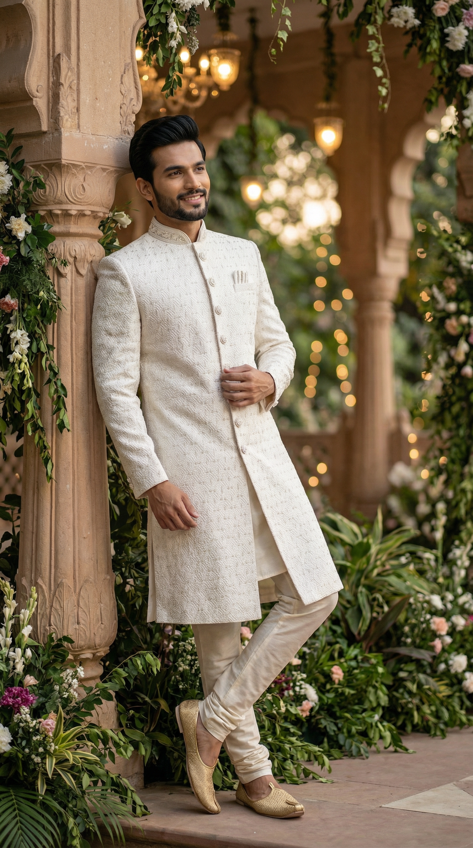 Man in a white traditional outfit standing in a decorated indoor setting with floral arrangements and lights.