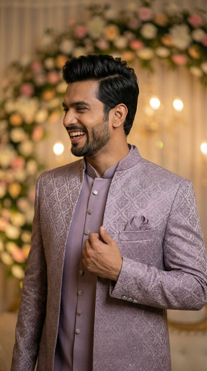 Mauve Open Jodhpuri Set with Textured Jacket
