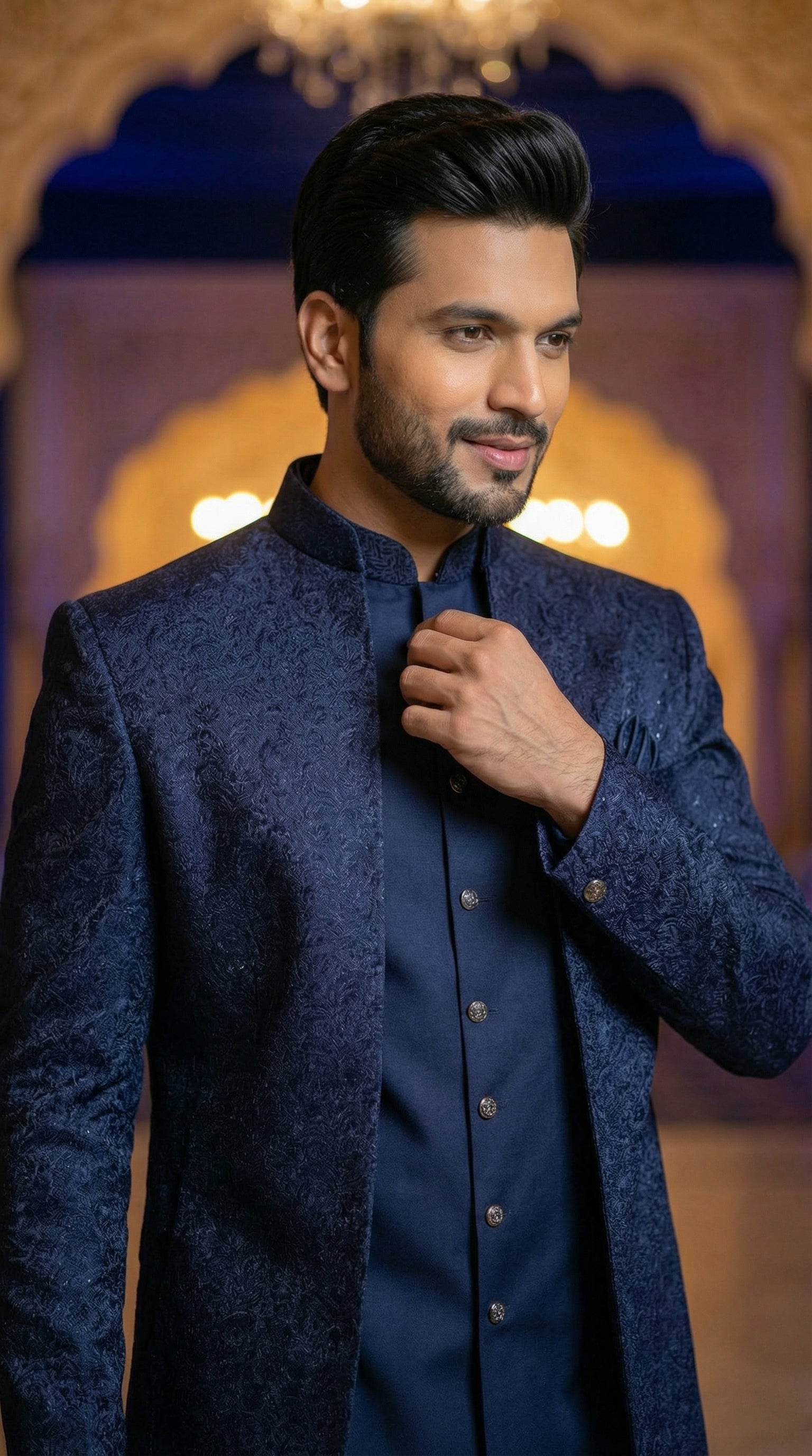 Man wearing a dark blue traditional outfit with a blurred decorative background