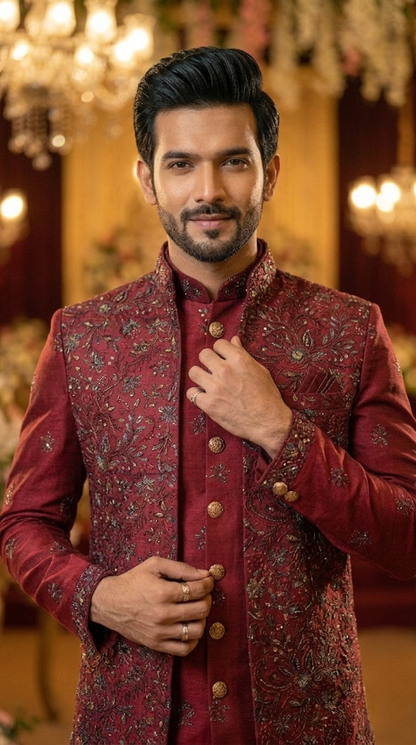 Wine Embroidered Indo Jacket Set