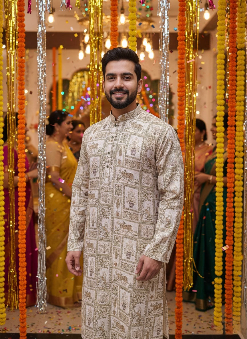 Man in a patterned kurta standing in a decorated indoor setting with people in the background.