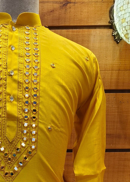 Yellow Bahar Mirror Embroidery Celebration Kurta | Waak