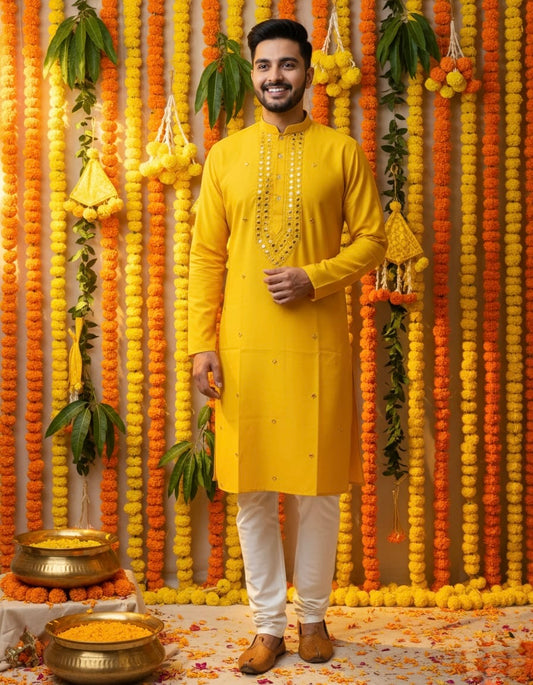 Man in a yellow kurta standing in front of a decorative wall with flowers and lights.