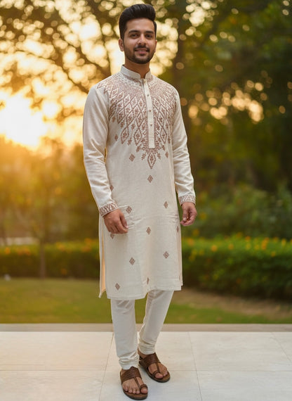Man wearing a traditional kurta with intricate patterns outdoors.