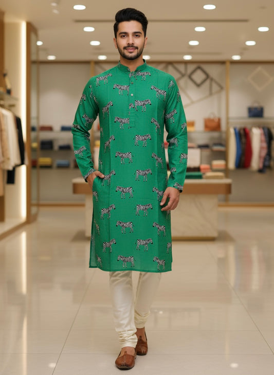 Man wearing a green kurta with zebra pattern in a store setting
