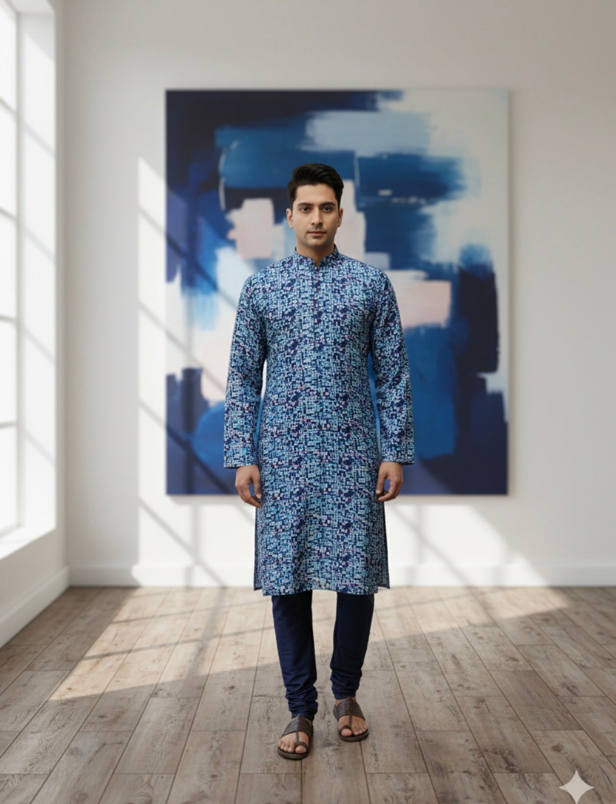 Man wearing a blue kurta standing in a room with a large abstract painting on the wall.