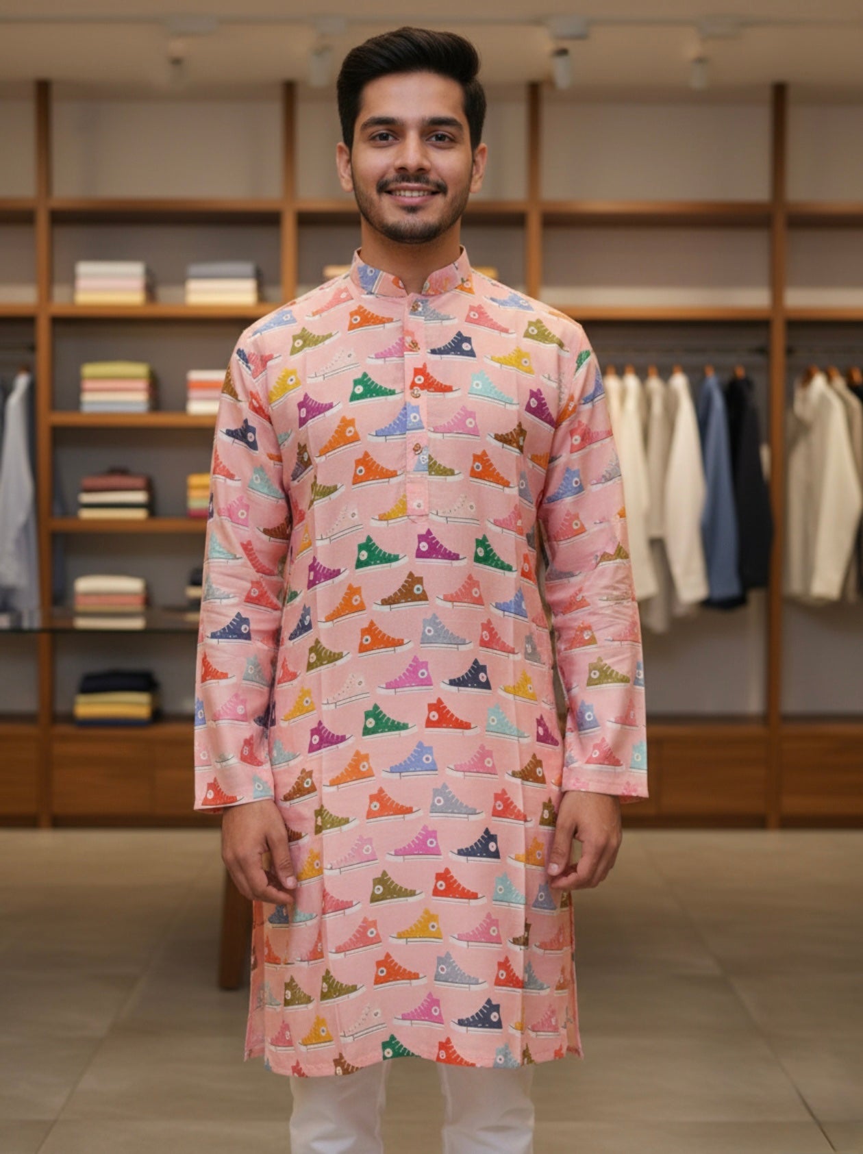 Man wearing a colorful kurta with a pattern of shoes in a clothing store.