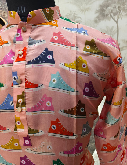 Pink Converse Print Silk Kurta Set | Waak