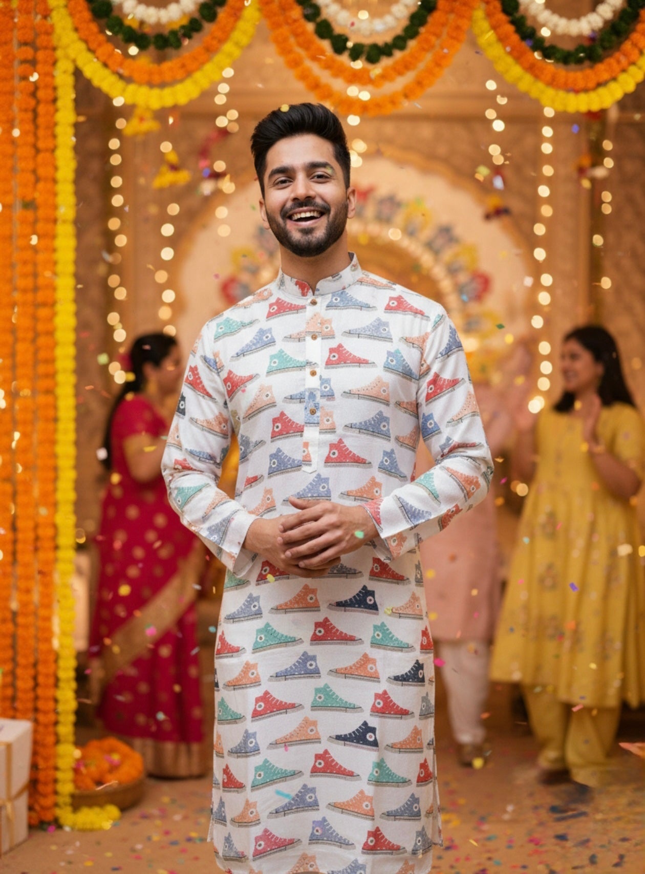 Man wearing a colorful kurta with a pattern of shoes, standing in front of a decorated background with people in traditional attire.