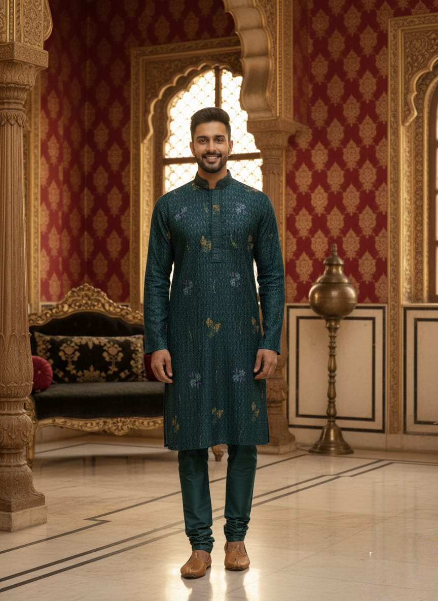 Man in a green kurta standing in an ornate room with red and gold walls.