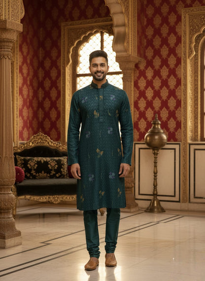 Man in a green kurta standing in an ornate room with red and gold walls.
