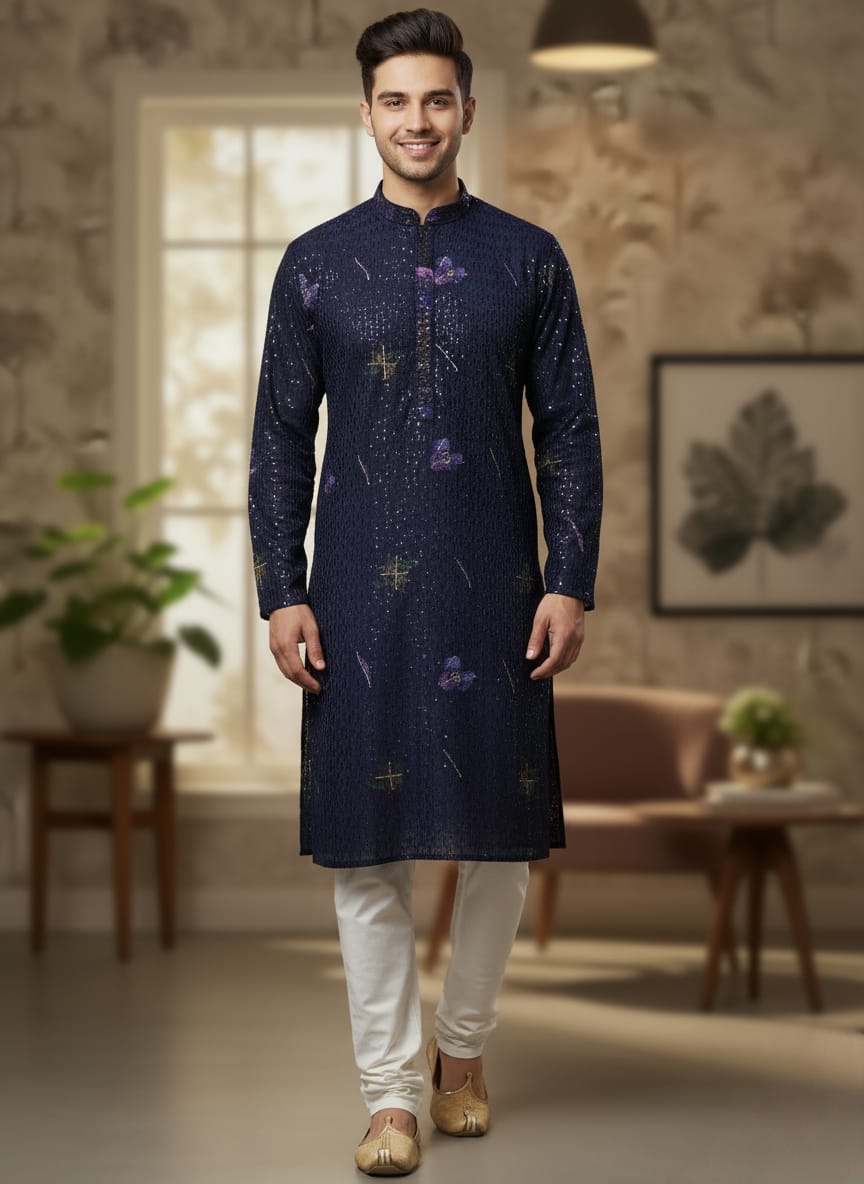 Man wearing a dark blue kurta with white pants in a living room setting