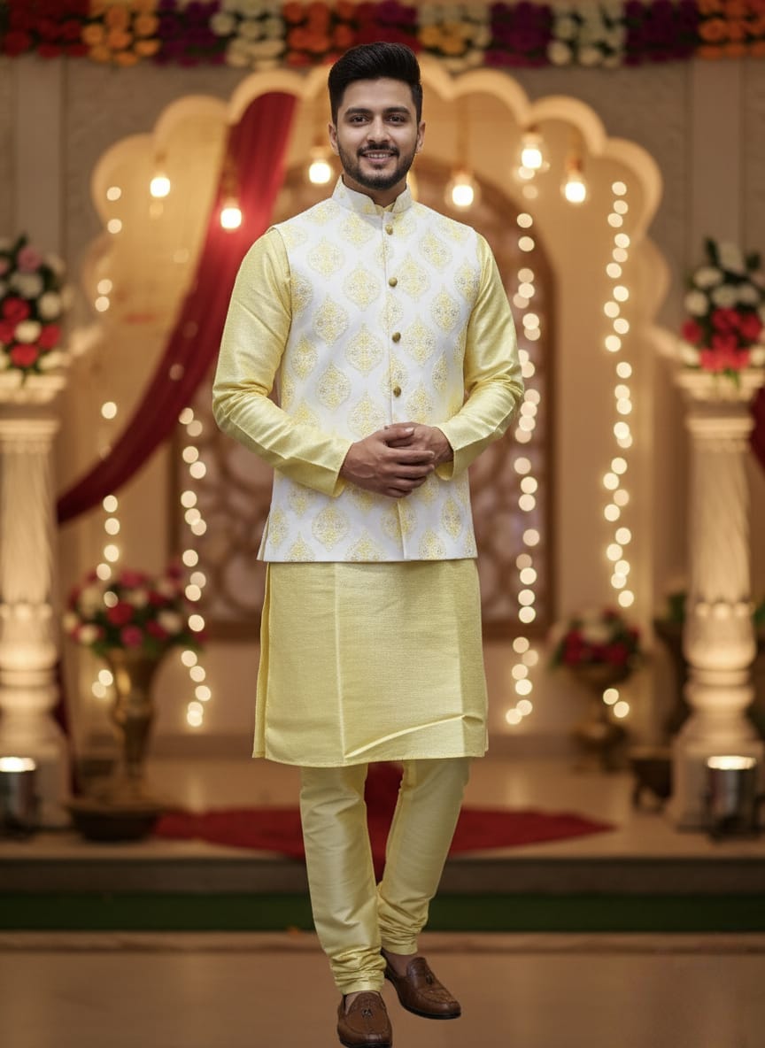 Man in a light yellow traditional outfit standing in front of a decorated backdrop with lights and flowers.