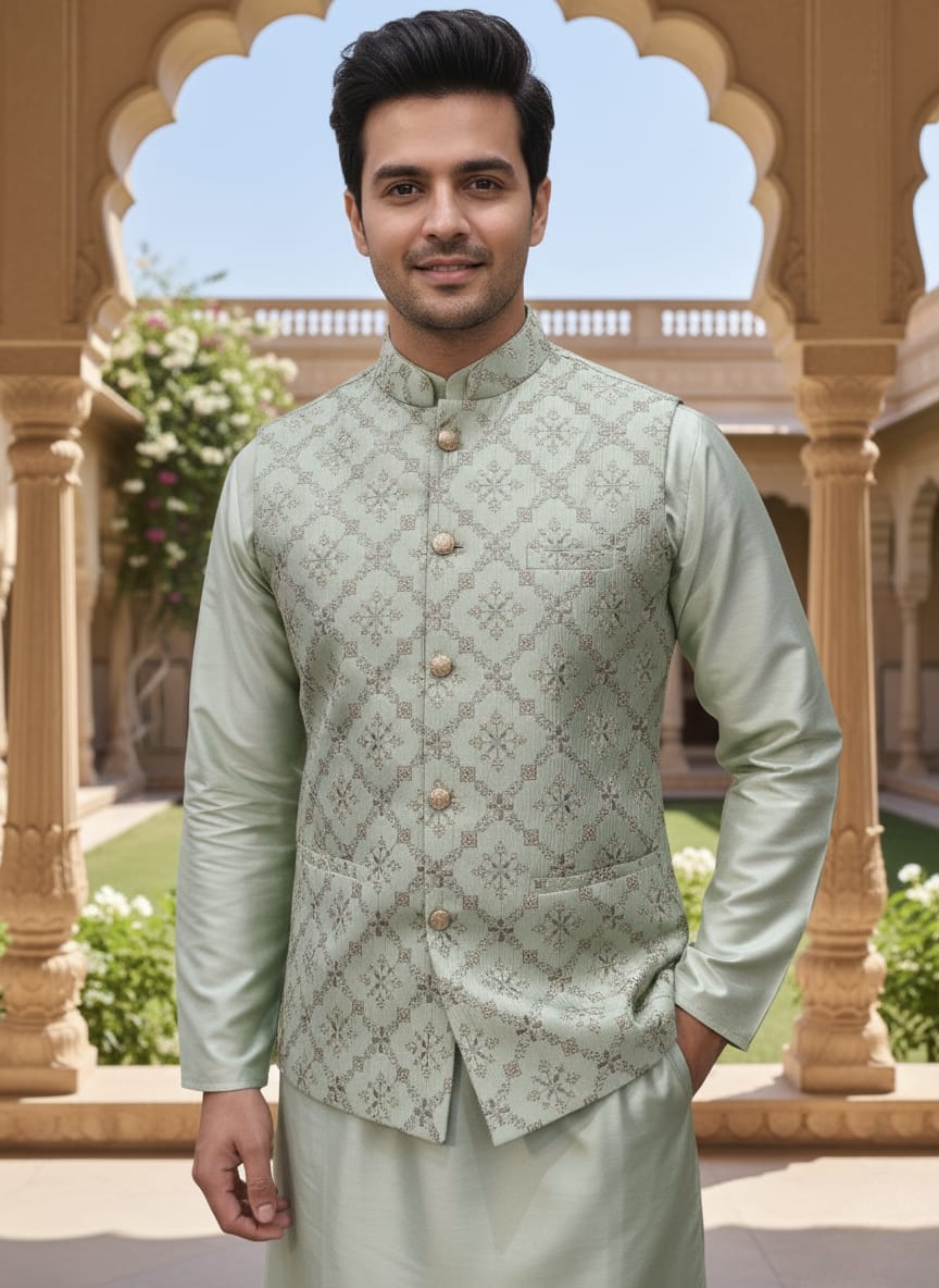 Elegant Green Embroidery Waistcoat with Kurta Set | Waak