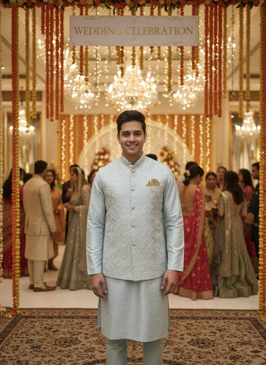 Sky Blue Kashmir Silk Embroidery Kurta with Waistcoat | Waak