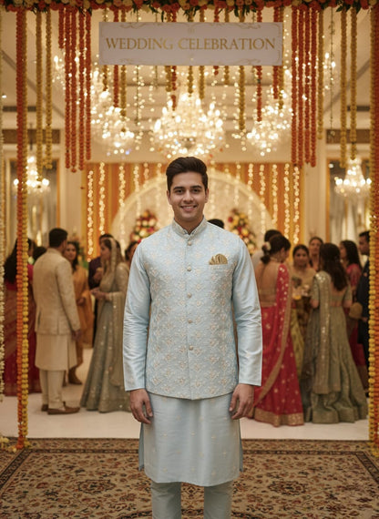 Sky Blue Kashmir Silk Embroidery Kurta with Waistcoat | Waak