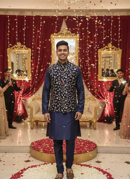 Blue Kashmir Kurta Set with Waistcoat | Waak