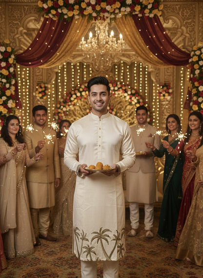 Man in traditional attire holding food items with people around him in a decorated setting