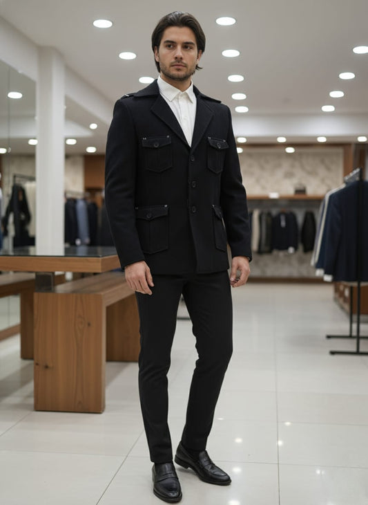 Man wearing a black suit in a clothing store