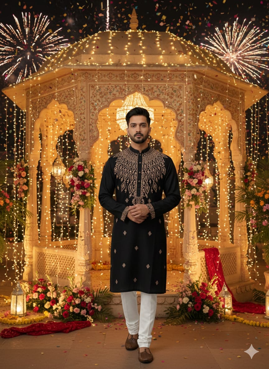 Man in traditional attire standing in front of a decorated gazebo with fireworks in the background