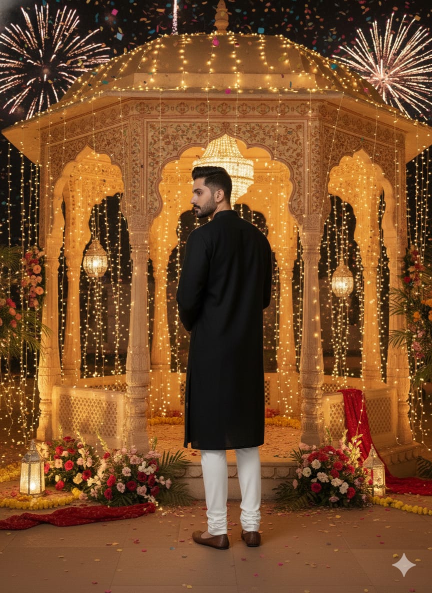 Man in a black kurta standing in front of a decorated gazebo with fireworks in the background