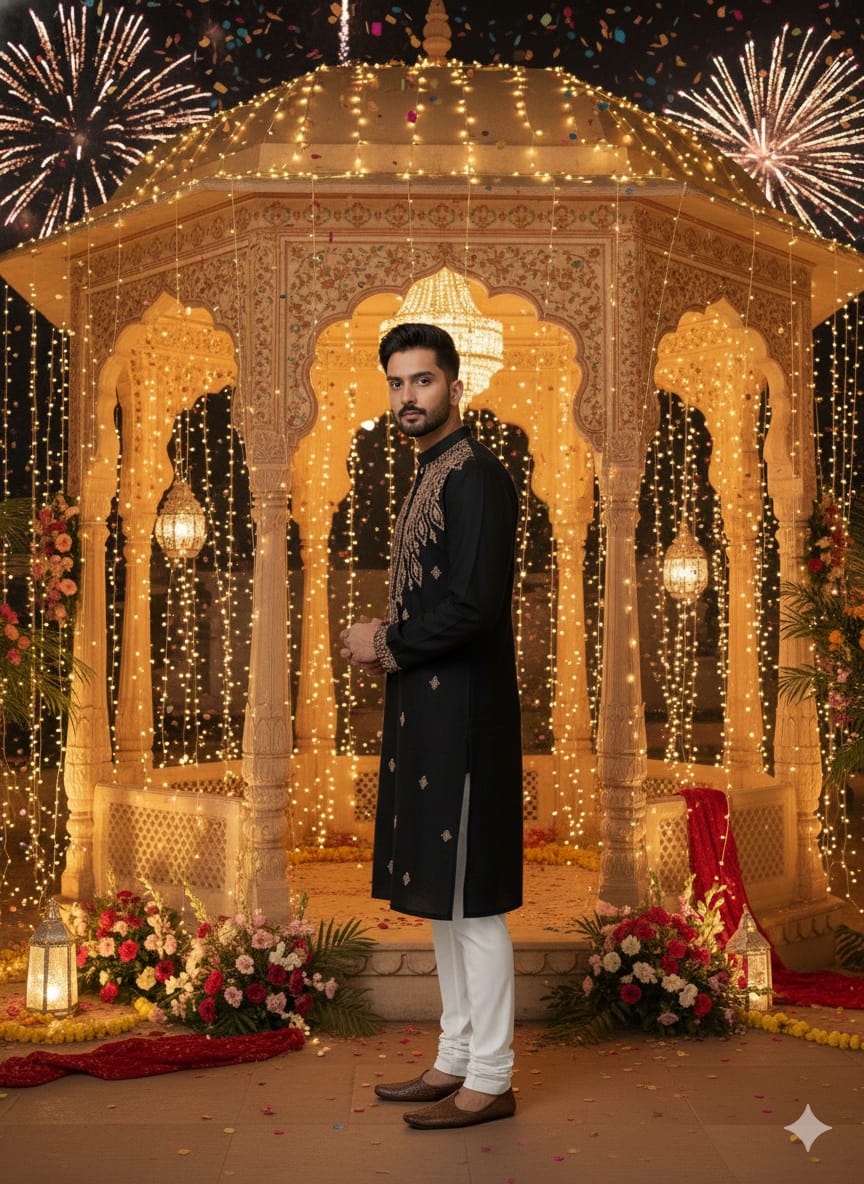 Man in traditional attire standing in front of a decorated gazebo with lights and fireworks in the background