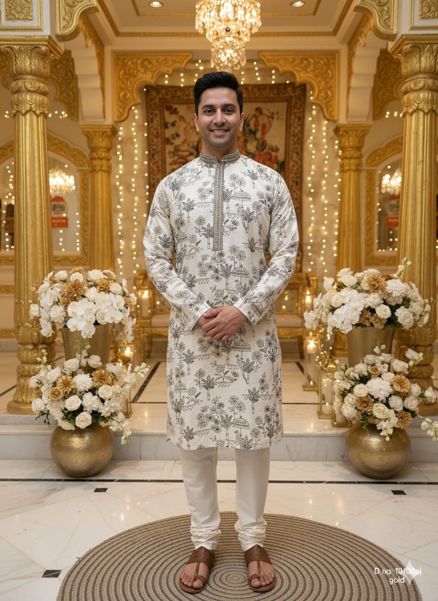 Man in a floral kurta standing in an ornate decorated room with flowers and gold decor.
