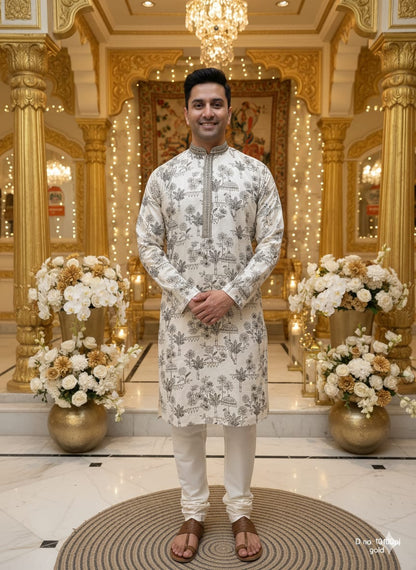 Man in a floral kurta standing in an ornate decorated room with flowers and gold decor.