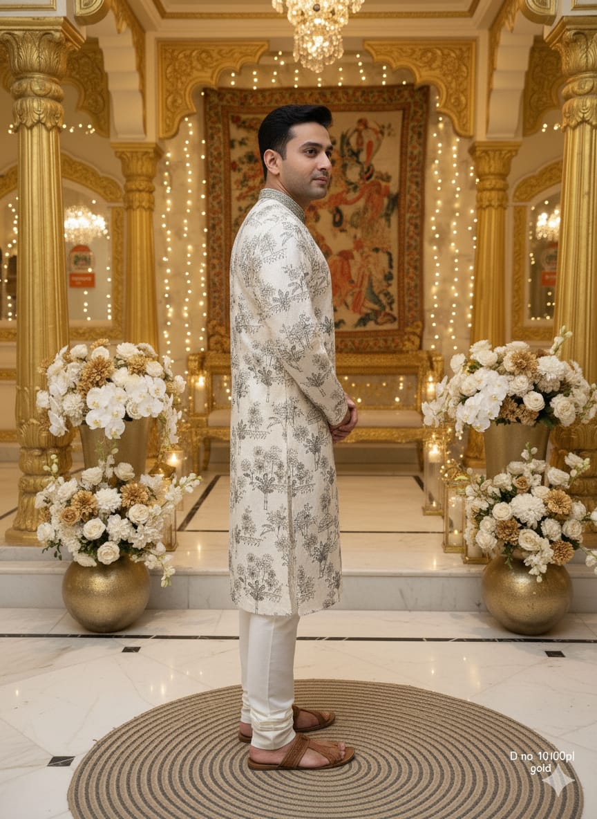 Man in a floral kurta standing in a decorated room with flowers and gold decor.