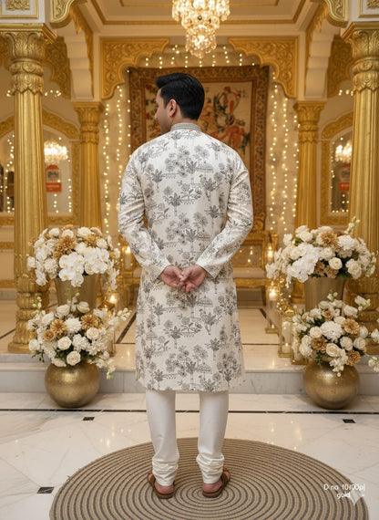 Man in a traditional kurta standing in an ornate decorated room with floral arrangements and gold decor.