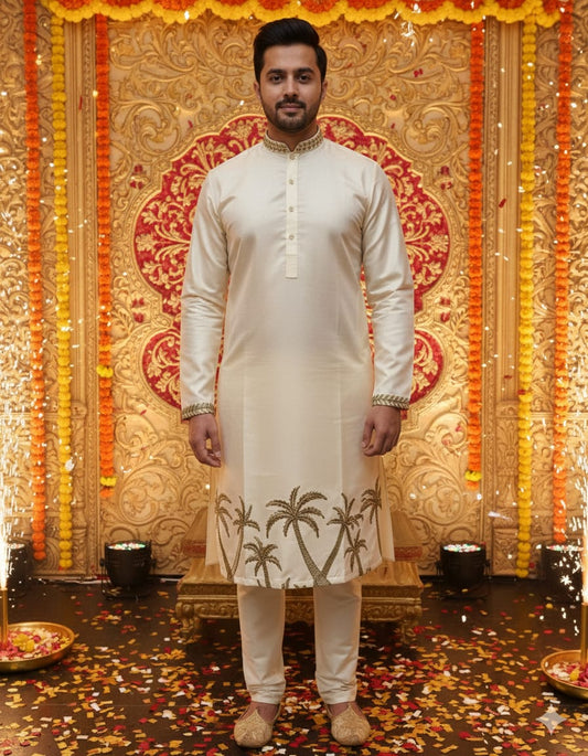 Man wearing a white kurta with decorative patterns in front of a decorated wall.