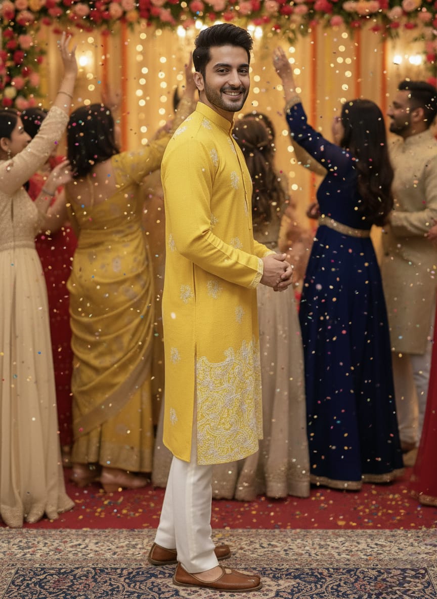 Man in a yellow sherwani with white pants standing in front of a festive background with people.