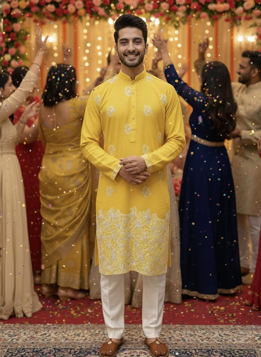Man in a yellow kurta standing in front of a festive background with people