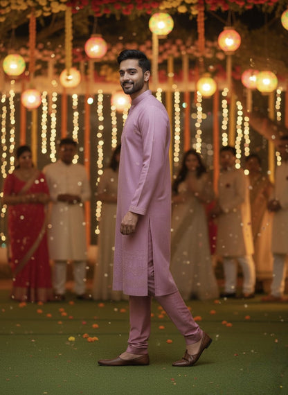 Man in a pink traditional outfit standing in front of a decorated background with people.